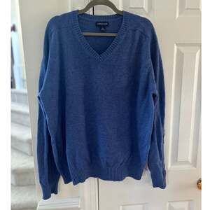 Lands End Merino Wool Cobalt Blue Long Sleeve V-Neck Elbow Patch Sweater